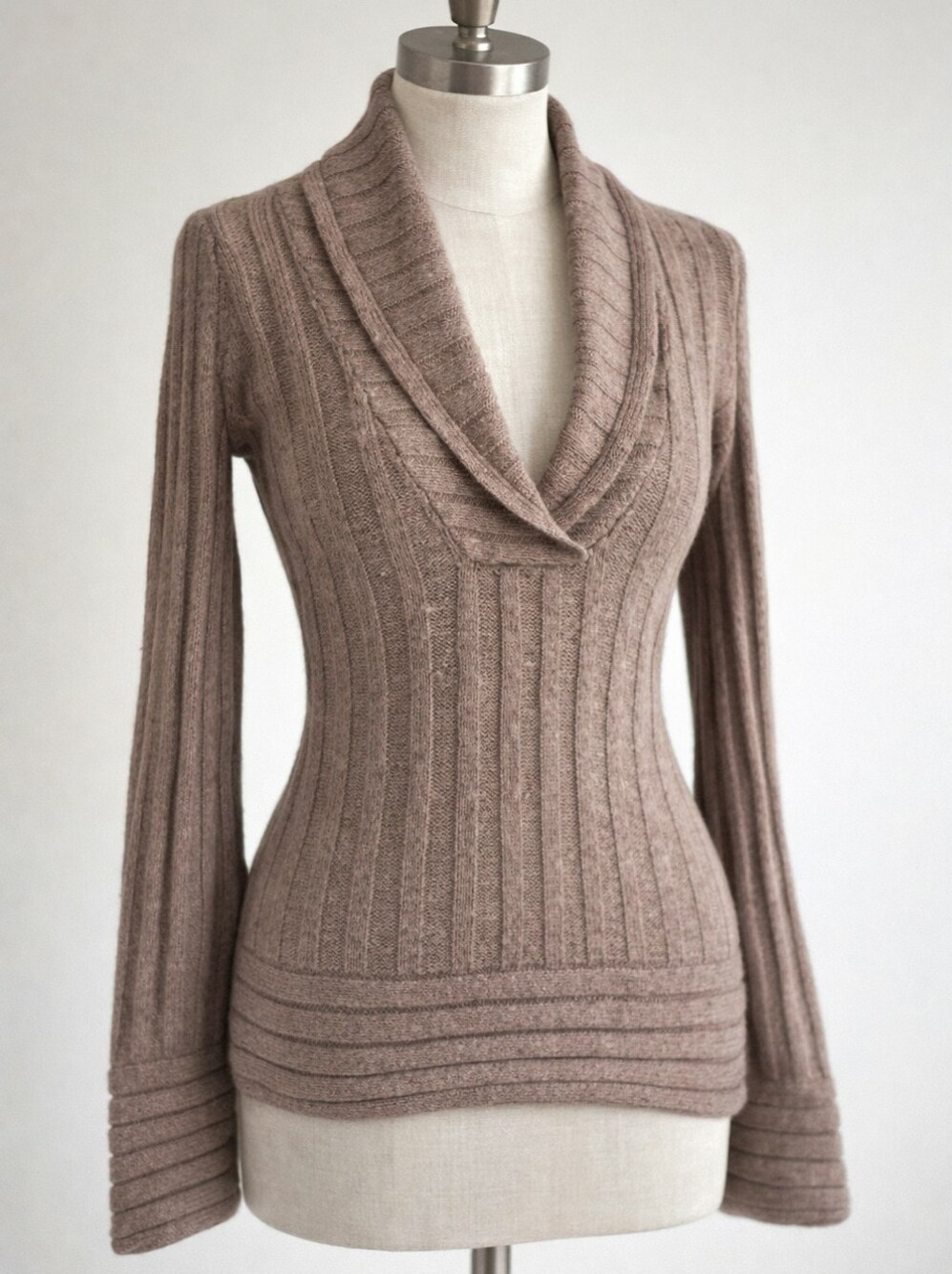 Vintage 90s Y2K GAP Chunky Knit Ribbed Wool Shawl Neck Sweater Neutral Tan Brown